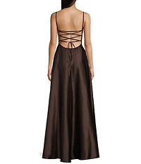 B. Darlin Satin Scoop Neck Spaghetti Strap Lace-Up Back Side Slit A-Line Dress