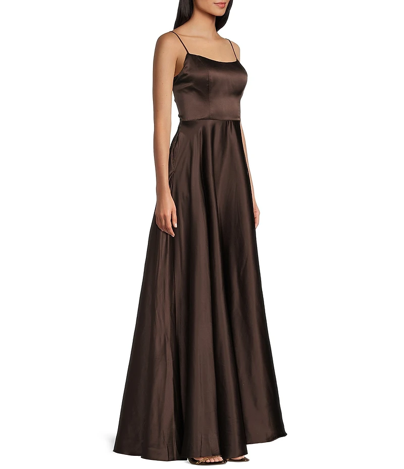 B. Darlin Satin Scoop Neck Spaghetti Strap Lace-Up Back Side Slit A-Line Dress