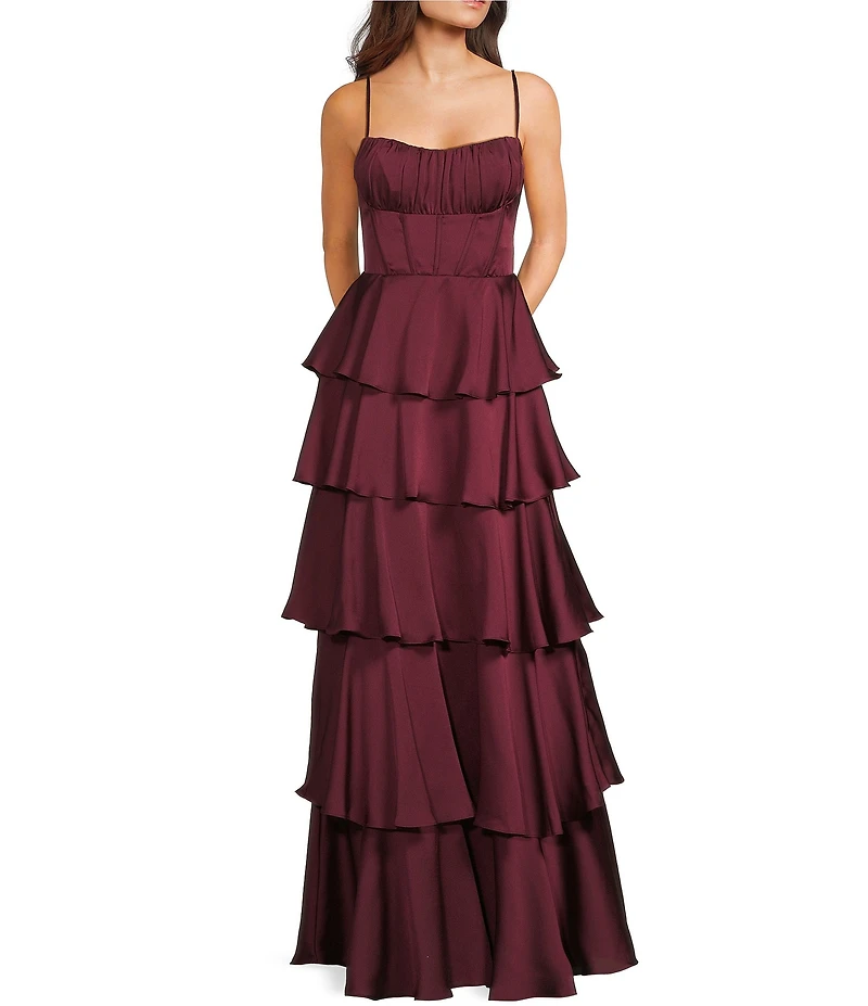 B. Darlin Satin Spaghetti Strap Emma Ruffle Skirt Dress