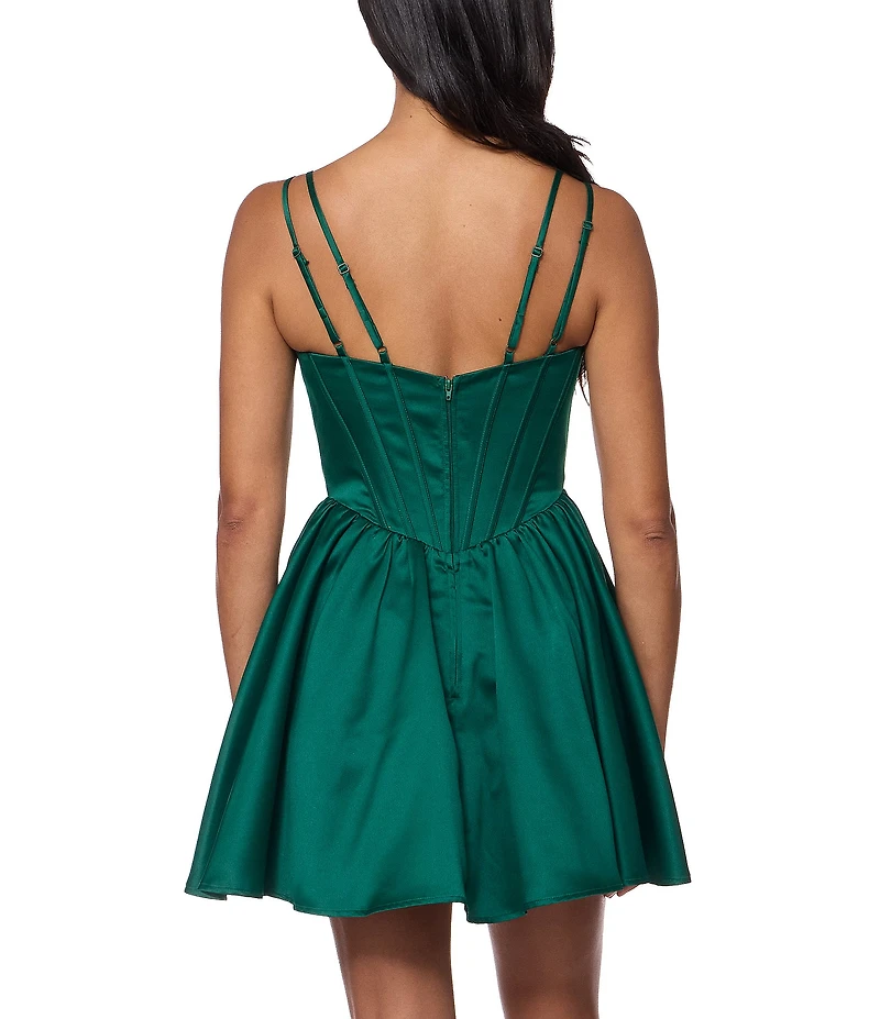 B. Darlin Satin Stone Embellished Drape Front Bustier Corseted Drop Waist Dress