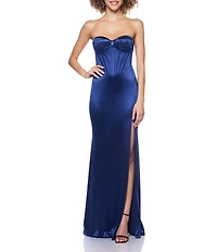 B. Darlin Satin Strapless Corseted Bustier Side Slit Ball Gown