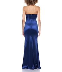 B. Darlin Satin Strapless Corseted Bustier Side Slit Ball Gown