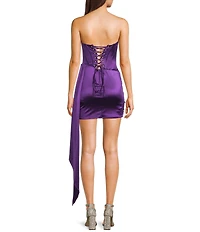 B. Darlin Satin Strapless Corseted Drape Front Lace Up Back Side Sash Dress