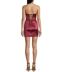 B. Darlin Satin Strapless Cowl Neck Corseted Lace Up Back Bodycon Dress