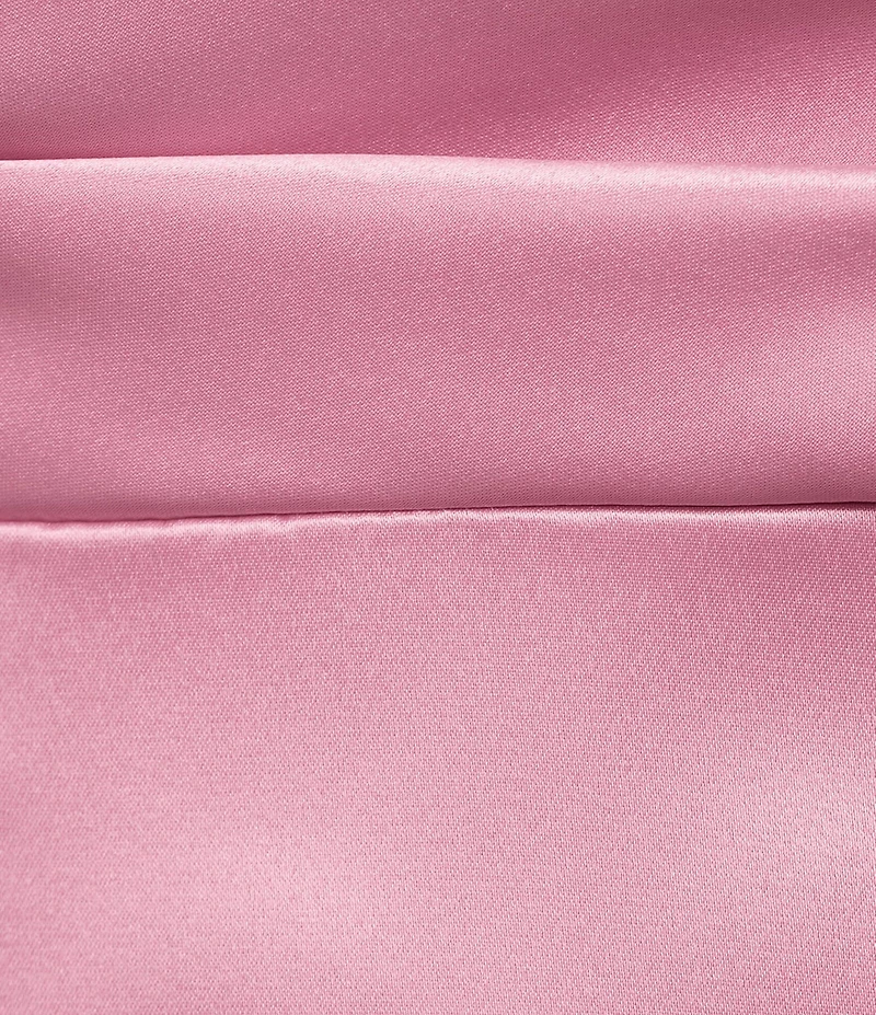 B. Darlin Satin Strapless Pleated Cowl Neck Lace Up Bow Back Dress