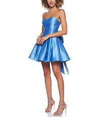 B. Darlin Satin Strapless Sweetheart Neck Bustier Bodice Bow Back Party Dress