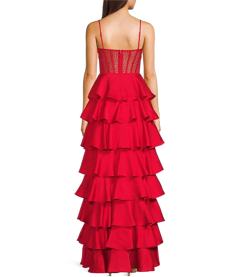B. Darlin Satin Sweetheart Neck Stone Embellished Illusion Corseted Bodice Tiered Ballgown