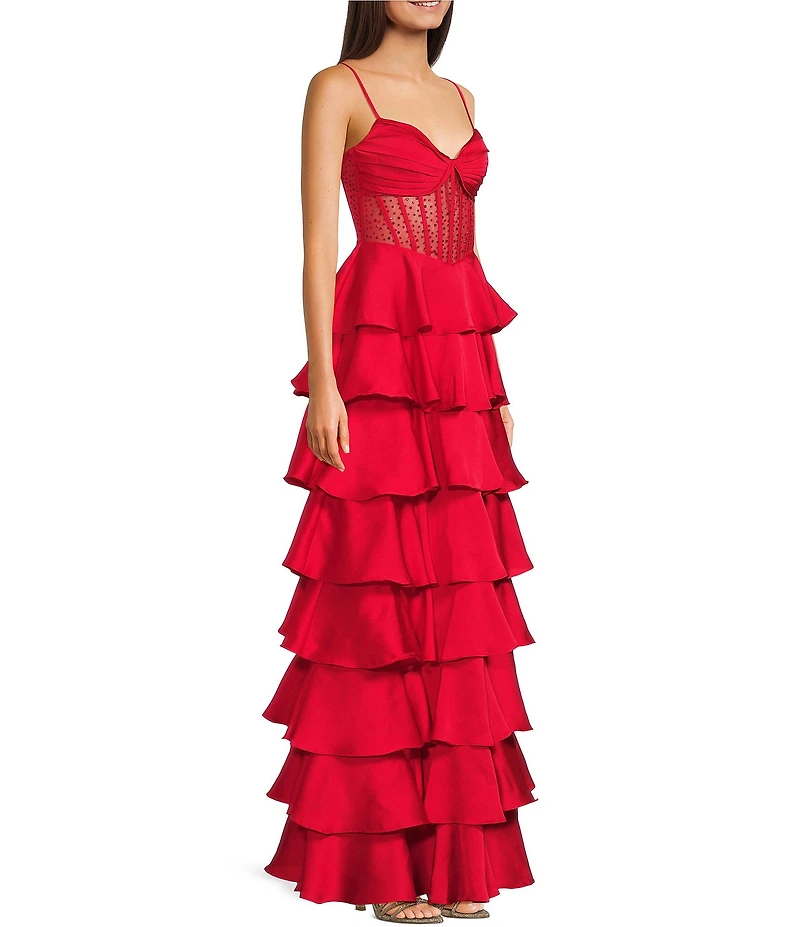 B. Darlin Satin Sweetheart Neck Stone Embellished Illusion Corseted Bodice Tiered Ballgown