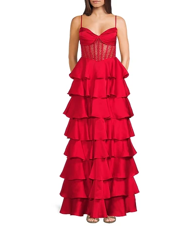B. Darlin Satin Sweetheart Neck Stone Embellished Illusion Corseted Bodice Tiered Long Dress
