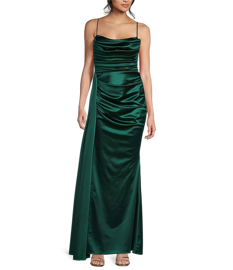 B. Darlin Satin Sweetheart Neckline Side Drape Long Dress