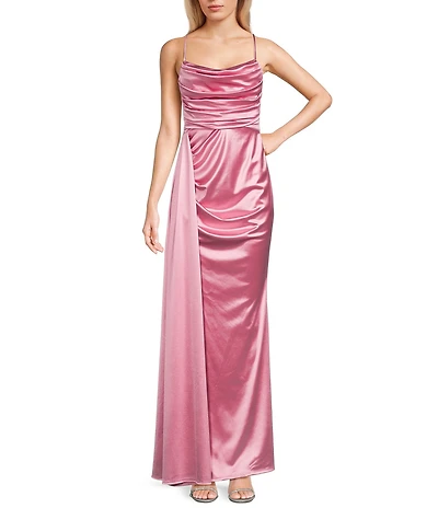 B. Darlin Satin Sweetheart Neckline Side Drape Long Dress