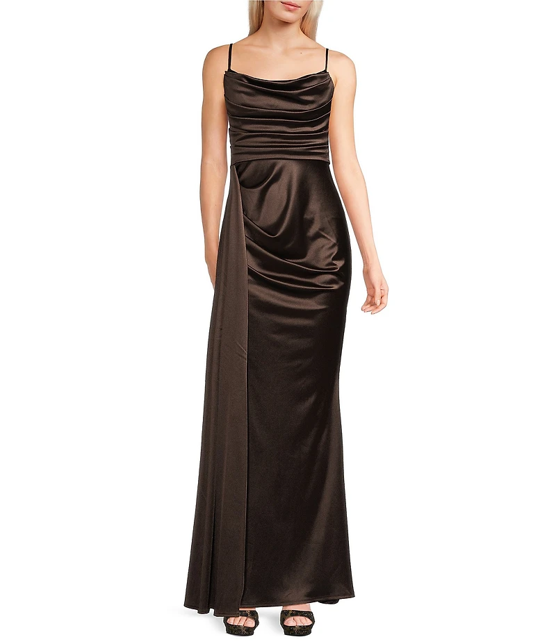 B. Darlin Satin Sweetheart Neckline Side Drape Long Dress