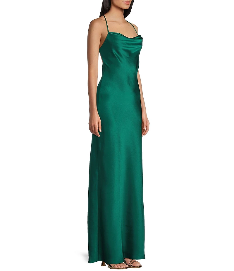 B. Darlin Satin Cowl Neck Cross Back Strap Long Dress