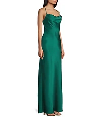 B. Darlin Satin Cowl Neck Cross Back Strap Long Dress