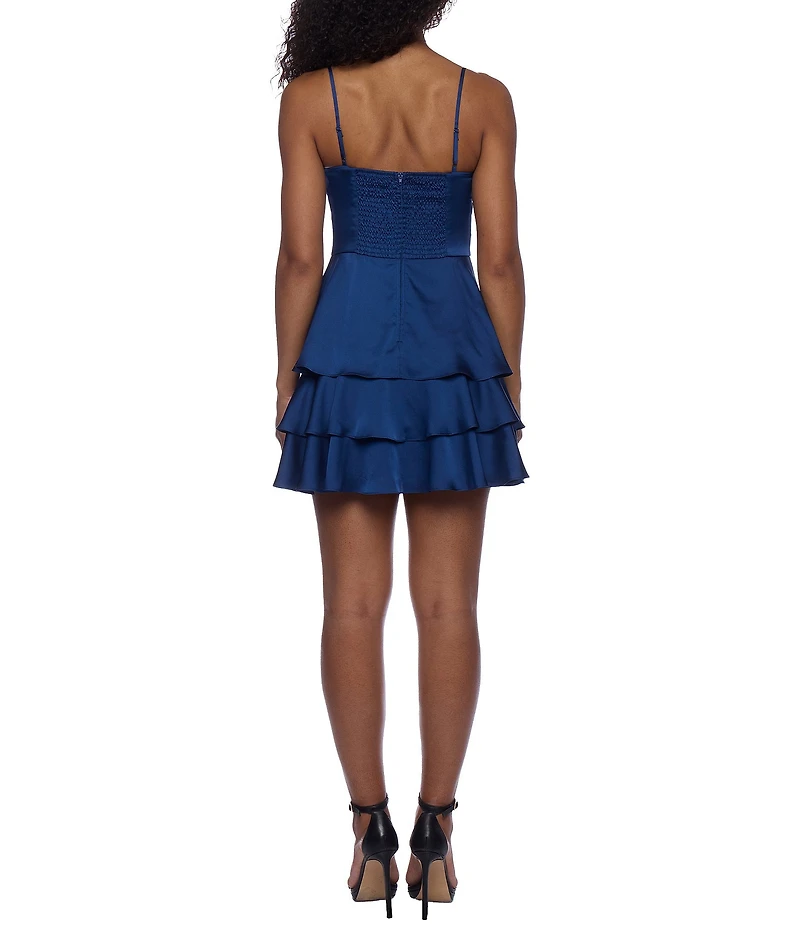 B. Darlin Satin V-Neck Front Keyhole Tiered Ruffle Dress