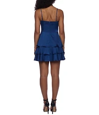 B. Darlin Satin V-Neck Front Keyhole Tiered Ruffle Dress