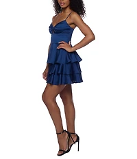 B. Darlin Satin V-Neck Front Keyhole Tiered Ruffle Dress