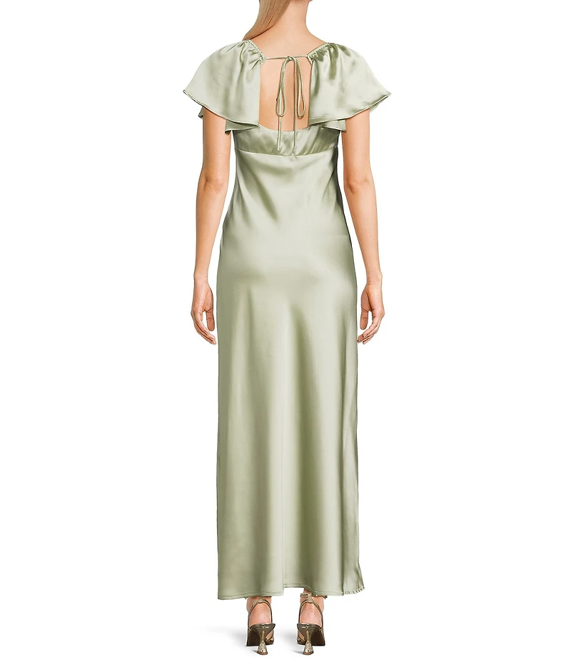 B. Darlin Satin V-Neck Short Sleeve Keyhole Front Long Dress