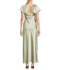 B. Darlin Satin V-Neck Short Sleeve Keyhole Front Long Dress