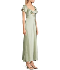 B. Darlin Satin V-Neck Short Sleeve Keyhole Front Long Dress