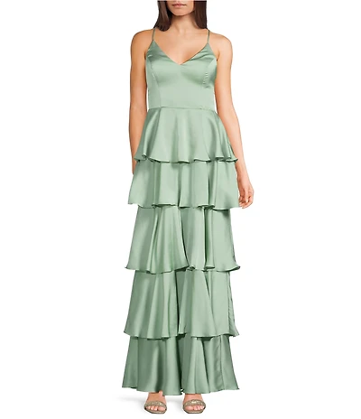 B. Darlin Satin V-Neck Tiered Ruffle Long Dress