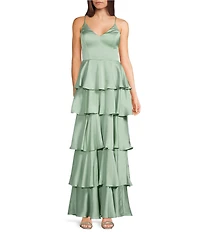 B. Darlin Satin V-Neck Tiered Ruffle Long Dress
