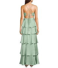 B. Darlin Satin V-Neck Tiered Ruffle Long Dress