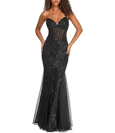 B. Darlin Sequin Beaded Patterned Strapless V-Neck Godet Long Dress