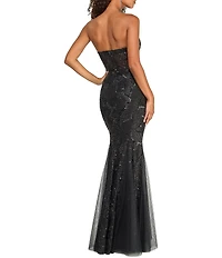 B. Darlin Sequin Beaded Patterned Strapless V-Neck Godet Long Dress