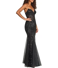 B. Darlin Sequin Beaded Patterned Strapless V-Neck Godet Long Dress