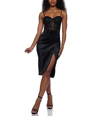 B. Darlin Sequin Embroidered Mesh Corset Bodice Faux Wrap Satin Skirted Midi Dress