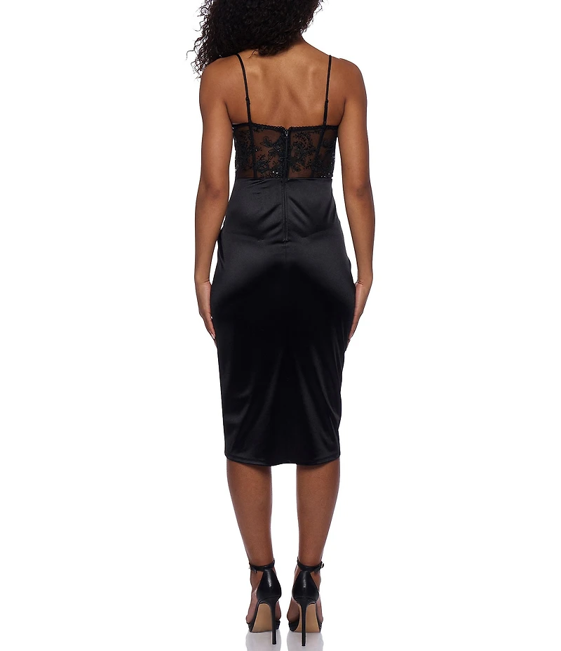 B. Darlin Sequin Embroidered Mesh Corset Bodice Faux Wrap Satin Skirted Midi Dress