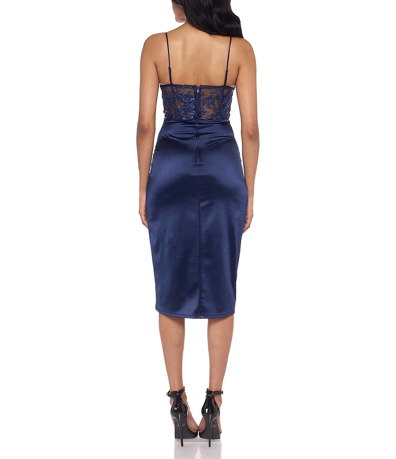 B. Darlin Sequin Embroidered Mesh Corset Bodice Faux Wrap Satin Skirted Midi Dress