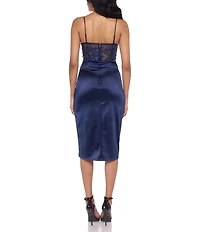 B. Darlin Sequin Embroidered Mesh Corset Bodice Faux Wrap Satin Skirted Midi Dress