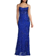 B. Darlin Sequin Floral Patterned Scoop Neck Criss Cross Back Dress