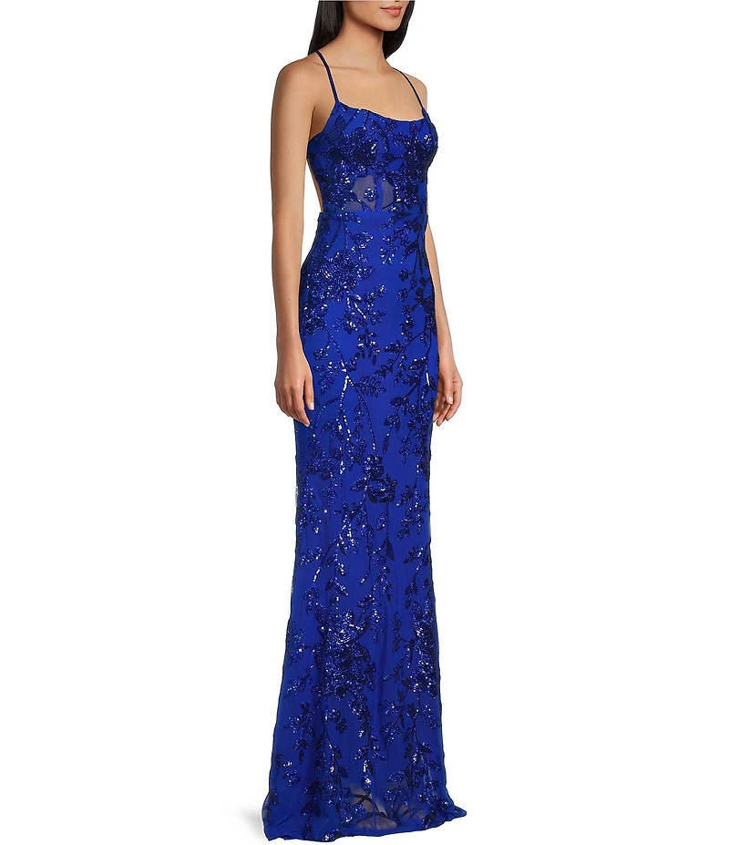 B. Darlin Sequin Floral Patterned Scoop Neck Criss Cross Back Dress