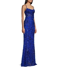 B. Darlin Sequin Floral Patterned Scoop Neck Criss Cross Back Dress