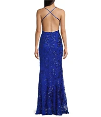 B. Darlin Sequin Floral Patterned Scoop Neck Criss Cross Back Dress