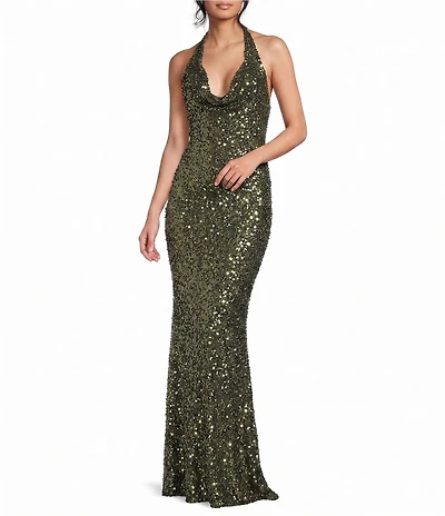 B. Darlin Sequin Halter Cowl Neck Fitted Dress