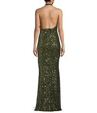 B. Darlin Sequin Halter Cowl Neck Fitted Dress