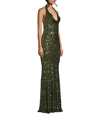 B. Darlin Sequin Halter Cowl Neck Fitted Dress