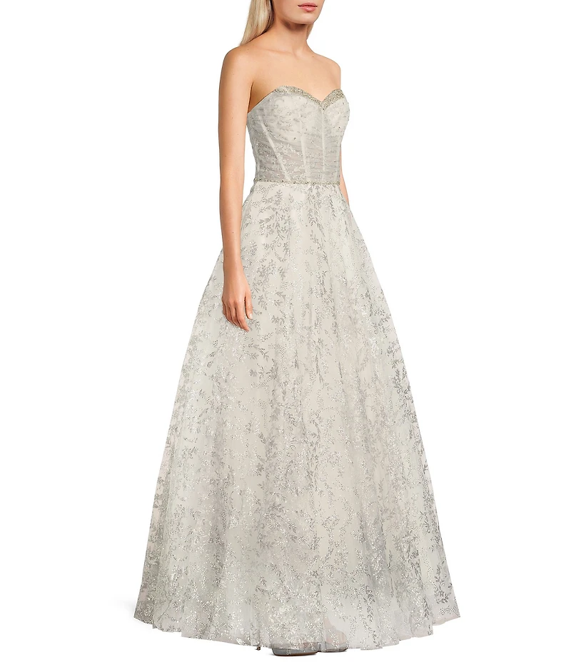 B. Darlin Sequin Mesh Embroidered Strapless Sweetheart Neck Dress