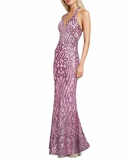 B. Darlin Sequin Pattern Halter V-Neck Contrast Inset Dress