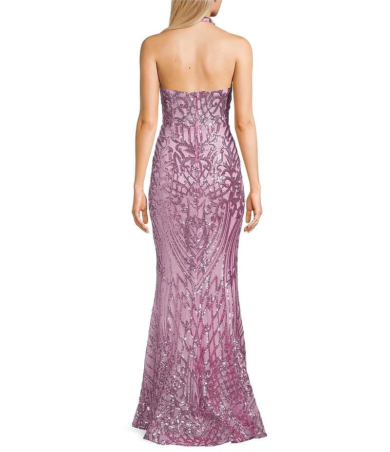 B. Darlin Sequin Pattern Halter V-Neck Contrast Inset Dress