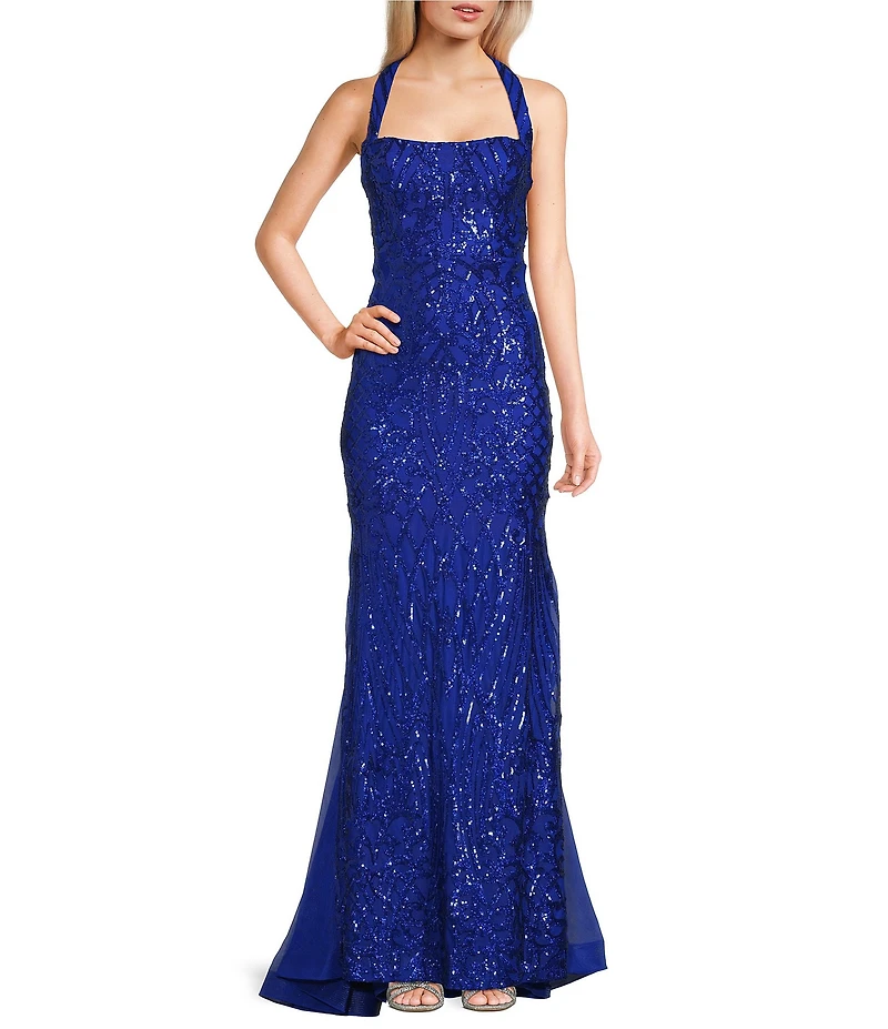B. Darlin Sequin Pattern Square Neck Halter Godet Dress