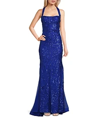 B. Darlin Sequin Pattern Square Neck Halter Godet Dress