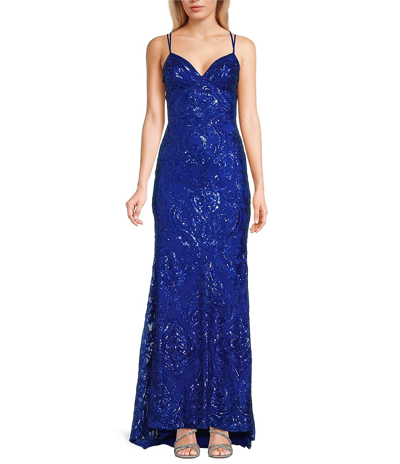 B. Darlin Sequin Pattern V-Neck Double Spaghetti Strap Lace Up Back Dress