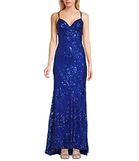 B. Darlin Sequin Pattern V-Neck Double Spaghetti Strap Lace Up Back Dress