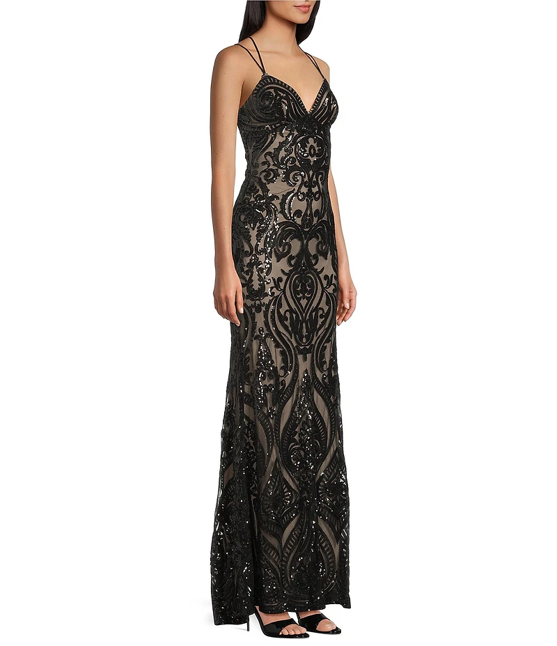 B. Darlin Sequin Pattern V-Neck Double Spaghetti Strap Lace Up Back Dress