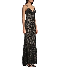 B. Darlin Sequin Pattern V-Neck Double Spaghetti Strap Lace Up Back Dress